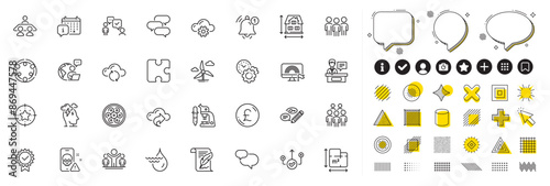 Set of Hydroelectricity, Star target and Exhibitors line icons for web app. Design elements, Social media icons. Outsource work, Calendar, Interview job icons. Vector