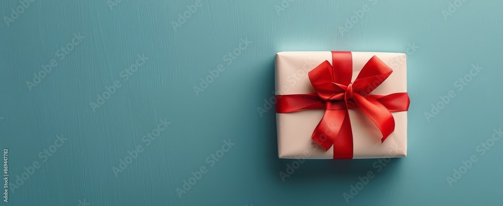 White Gift Box With Red Ribbon on Blue Background