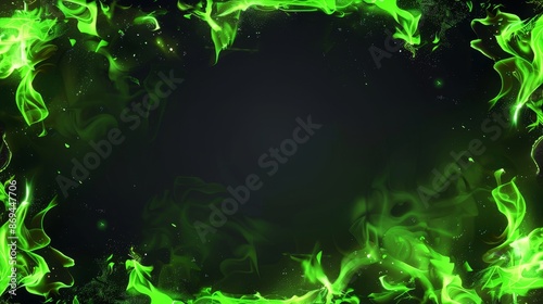 With glowing luminous sparks in fume. Frame made of green smoke and lightning bolts. Realistic transparent modern border with fog and lightning bolts.