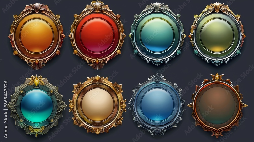 A UI game level button or avatar badge framed icon. A rpg progress medal interface border. A fantasy royalty decorated winner award different round design template set. A UI game level button or avatar badge framed icon. A rpg progress medal interface border. A fantasy royalty decorated winner award different round design template set.