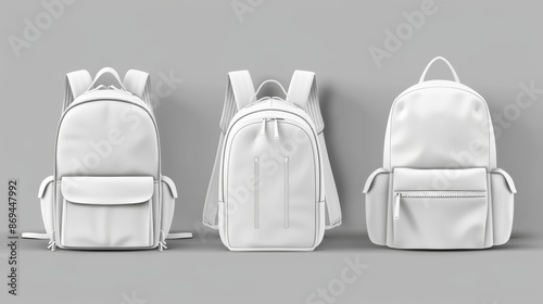 Mockup of modern white school bag with strap. Isolated illustration of realistic student bag with strap. Tote bag template set with zipper.