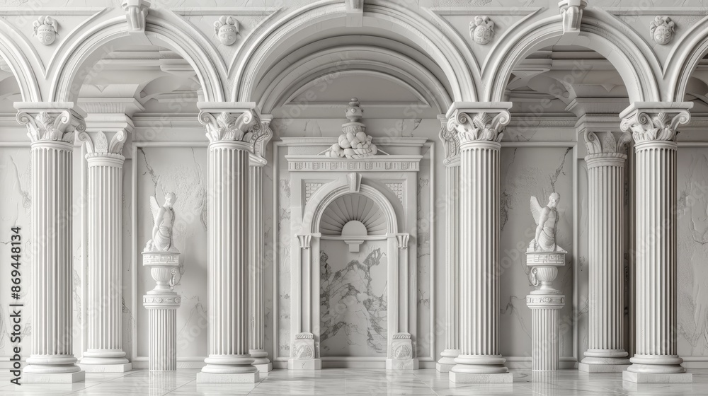 3D illustration of an antique marble temple building inside with ...