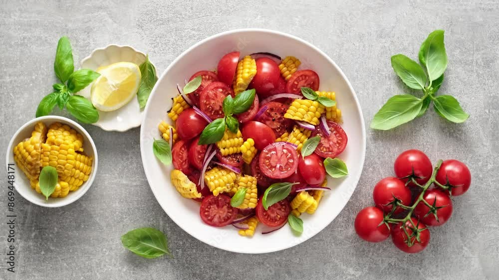 Tomato and corn salad with fresh basil, onion, dressed with olive oil. Mexican food, tomato corn salad Esquites. Fresh vegetable's salad bowl, top view, stock video 4k Tomato and corn salad with fresh basil, onion, dressed with olive oil. Mexican food, tomato corn salad Esquites. Fresh vegetable's salad bowl, top view, stock video 4k