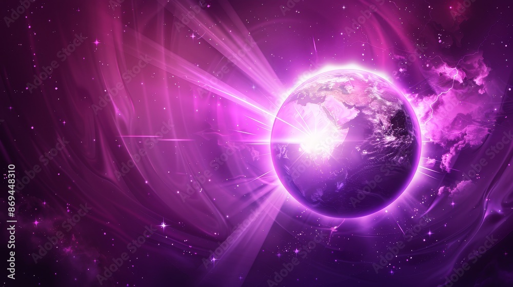 Obraz premium Dark planet with bright light on its horizon. Prehistoric style illustration of mysterious space galaxy in which stars shimmer in purple smoke clouds, and fantasy sunlight shines in the cosmos.
