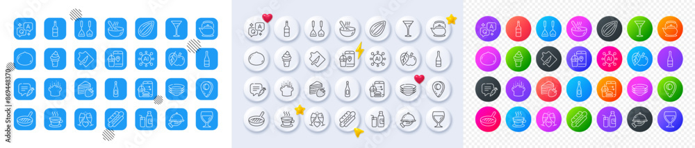 Dishes, Cooking hat and Coffee cup line icons. Square, Gradient, Pin 3d buttons. AI, QA and map pin icons. Pack of Wine, Champagne bottle, Wine glass icon. Vector Dishes, Cooking hat and Coffee cup line icons. Square, Gradient, Pin 3d buttons. AI, QA and map pin icons. Pack of Wine, Champagne bottle, Wine glass icon. Vector
