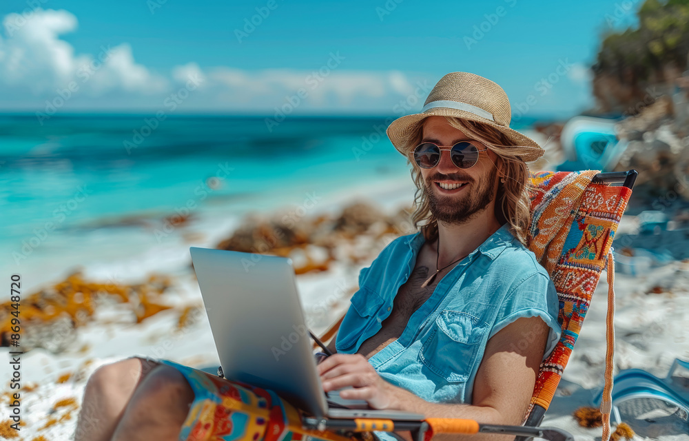 A man is sitting on a beach with a laptop and a straw hat on A man is sitting on a beach with a laptop and a straw hat on