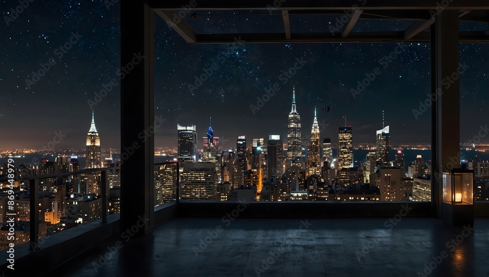 Obraz premium The cityscape from a rooftop, where the skyline stretches endlessly under a starlit canopy ai_generated