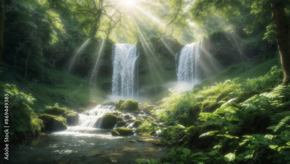 A lush green forest with a large waterfall cascading down a cliff, with sunlight streaming through the trees A lush green forest with a large waterfall cascading down a cliff, with sunlight streaming through the trees