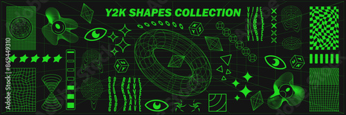 Abstract geometry wireframe shapes and patterns, cyberpunk elements, signs and perspective grids. Surreal geometric retro signs. Rave psychedelic futuristic Y2k acid aesthetic set. Vector illustration