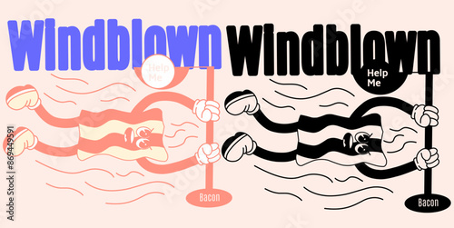 A 60s-style illustration of a bacon mascot who, despite being thin and easily blown away by the wind, refuses to give up and clings tightly to an iron pole to avoid being swept away.