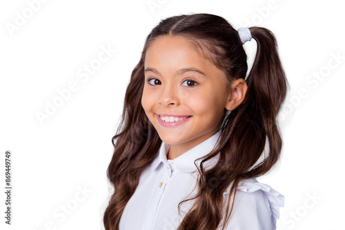 Cuadro en lienzo Close-up portrait of nice cheerful dreamy adorable lovely stylish girl with curly ponytails in white blouse shirt