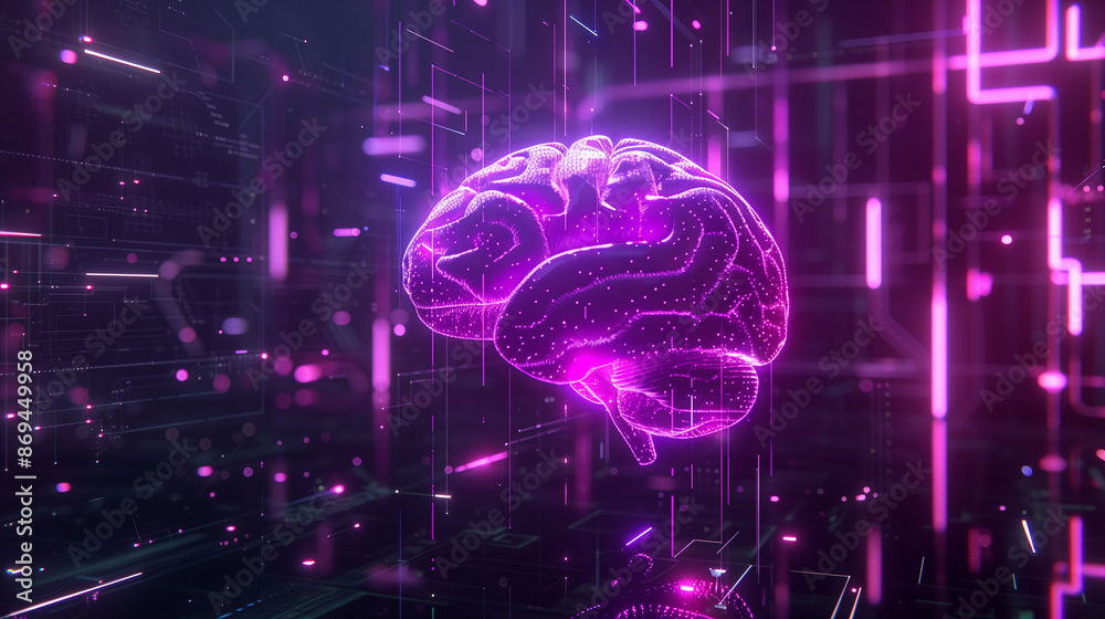 Glowing human brain. Dark purple neon background with artificial intelligence. Glowing human brain. Dark purple neon background with artificial intelligence.