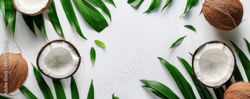 A close up of a white background with a variety of coconuts and leaves. The coconuts are cut open and scattered around the background.