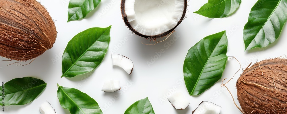 A close up of a white background with a variety of coconuts and leaves. The coconuts are cut open and scattered around the background. A close up of a white background with a variety of coconuts and leaves. The coconuts are cut open and scattered around the background.