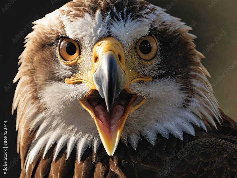 Obraz premium Close-up of a bald eagle with open beak, showcasing its powerful and fierce expression