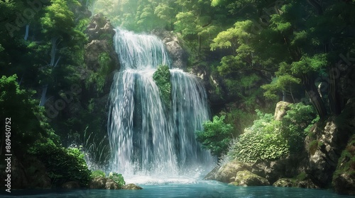 A waterfall is flowing into a river in a lush green forest. Anime background
