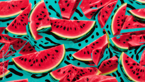 The image is of a blue surface covered with slices of watermelon of different sizes. There are both large and small pieces.