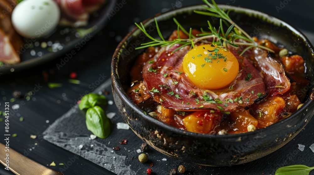 Smoked Aubergine Cream With Crispy Iberian Ham And Boiled Egg, A Sophisticated Appetizer Smoked Aubergine Cream With Crispy Iberian Ham And Boiled Egg, A Sophisticated Appetizer