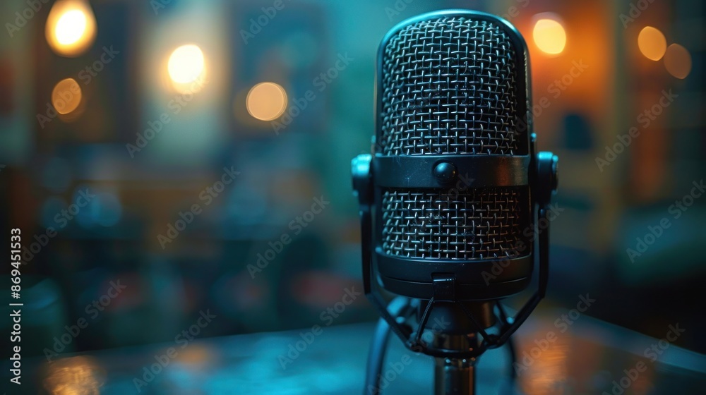 Professional Podcast Microphone in Studio Setting with Warm Ambient Lighting for Audio Recording and Broadcasting Professional Podcast Microphone in Studio Setting with Warm Ambient Lighting for Audio Recording and Broadcasting