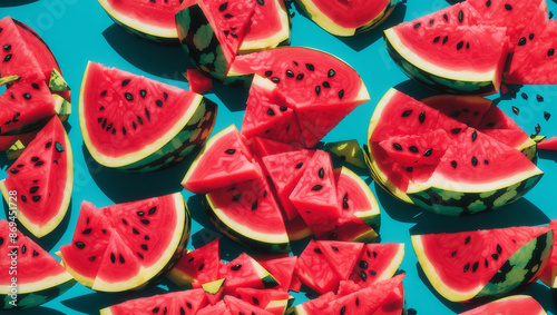 The image shows a blue surface covered in slices of watermelon