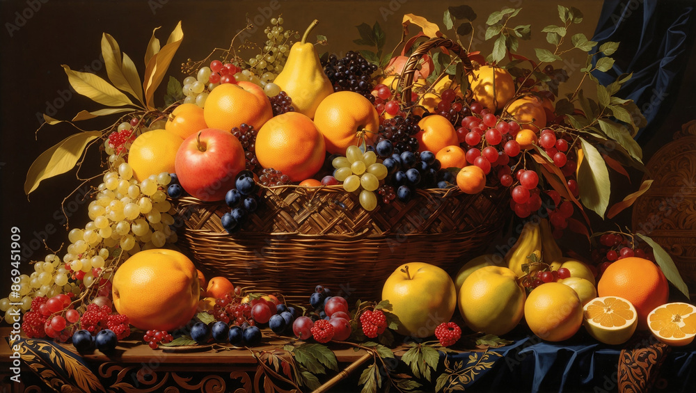 A painting of a large basket overflowing with a variety of fruits, including grapes, oranges, lemons, and a watermelon A painting of a large basket overflowing with a variety of fruits, including grapes, oranges, lemons, and a watermelon