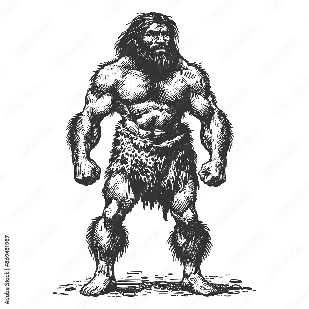 Fototapeta premium muscular caveman wearing fur clothing, primitive strength and rugged features sketch engraving generative ai fictional character raster illustration. Scratch board imitation. Black and white image.