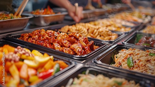 A buffet of food with a variety of dishes including Asian food