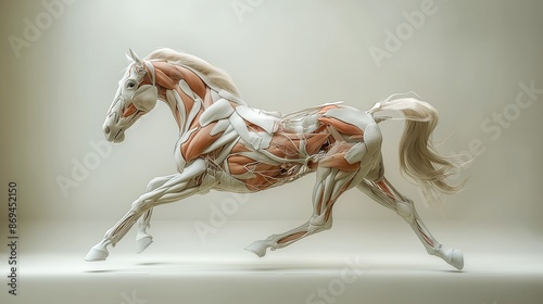 Anatomically detailed illustration of a galloping horse showcasing muscle structure and movement in a dynamic and educational manner