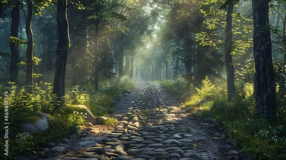 Obraz premium A cobblestone road leading through the forest, bathed in soft sunlight filtering between the trees. The path is lined with tall, dark green foliage and scattered stones, mystery and adventure.