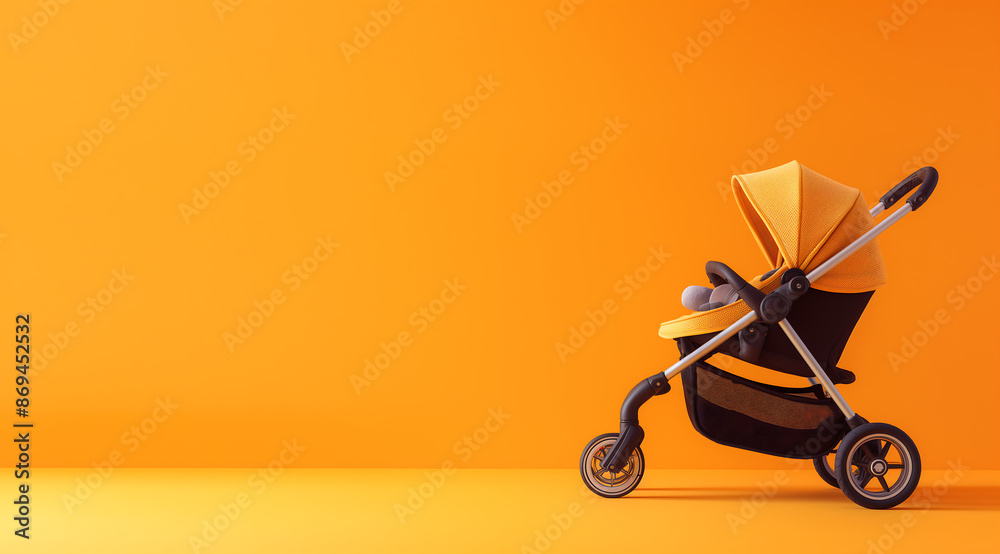 Modern Baby Stroller Against Bright Orange Background with Copy Space Modern Baby Stroller Against Bright Orange Background with Copy Space