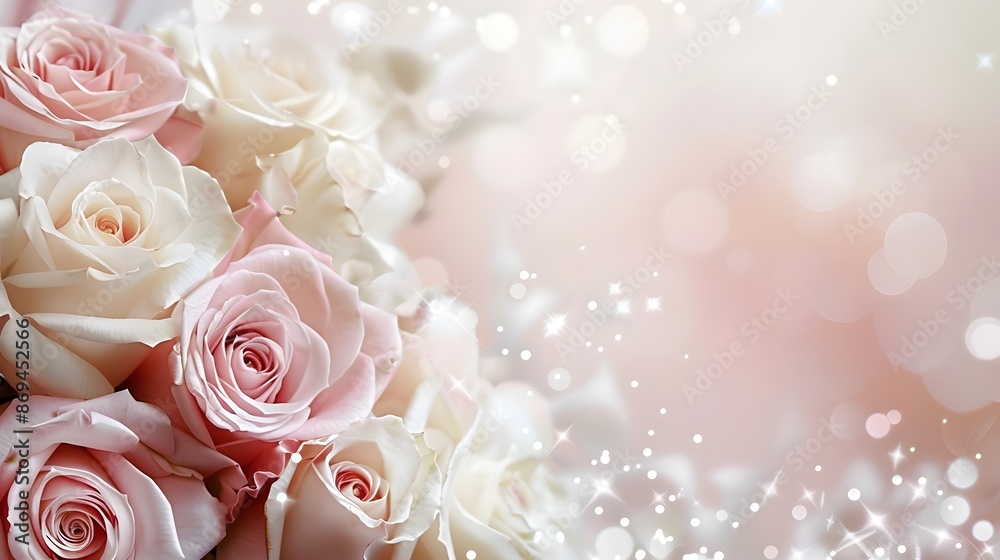 Fototapeta premium A collection of soft pink and white roses arranged in the lower left corner, adorned with delicate silver sparkles. for elegant event invitations or sophisticated branding purposes.