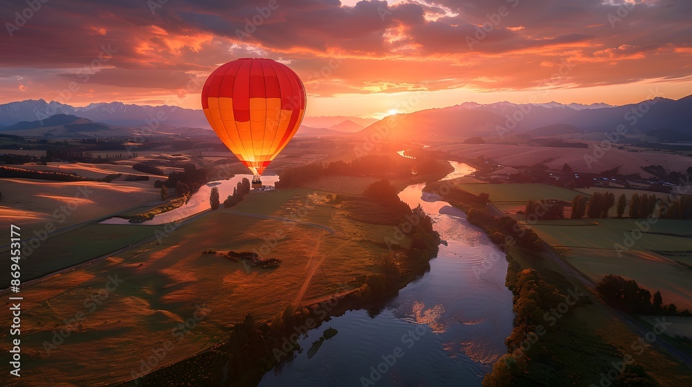 Obraz premium A hot air balloon ride over the beautiful New Zealand countryside at sunset, offering breathtaking views of mountains and rivers. nature against the backdrop of a setting sun, adventure spirit.