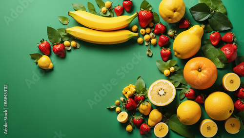 The image shows a green background with a frame of fruit, including pears, lemons, apples, strawberries, and guava