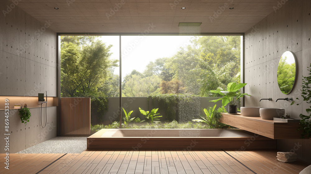 Fototapeta premium 3D rendering of a modern bathroom interior design with concrete walls and floor, wooden benches, and a big window view of a garden landscape