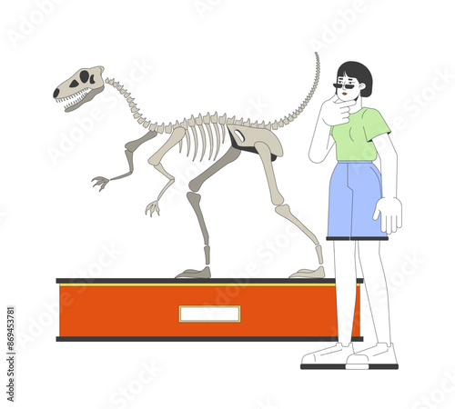Asian woman looking at velociraptor fossil exhibit 2D linear cartoon character. Korean female isolated line vector person white background. Natural history museum tour color flat spot illustration