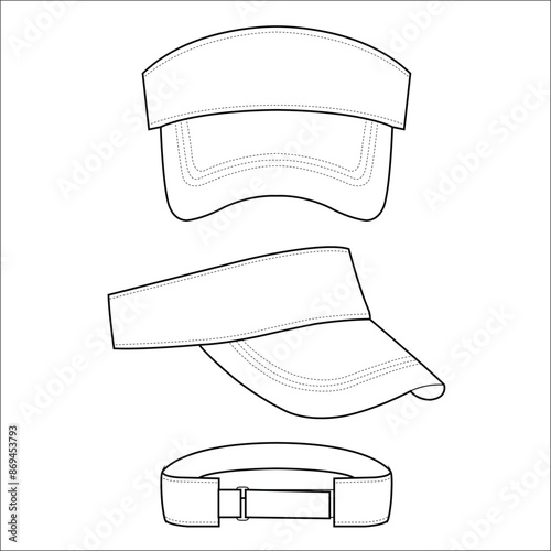 Athletic Visor Hat technical fashion illustration. Visor Cap vector template illustration. front and back view. Sport Wear. Sunscreen Hat. unisex. white color. CAD mockup.