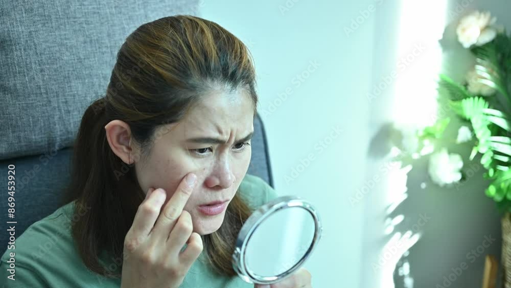 Asian woman worried about her face when she saw acne and freckles occur on her face by mini mirror. Asian woman worried about her face when she saw acne and freckles occur on her face by mini mirror.