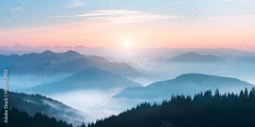 Scenic Sunrise Panoramic Landscape with Colorful Sky, Foggy Mountains, and Forest. Concept Nature Photography, Mountain Sunrise, Colorful Sky, Foggy Landscape, Scenic Forest