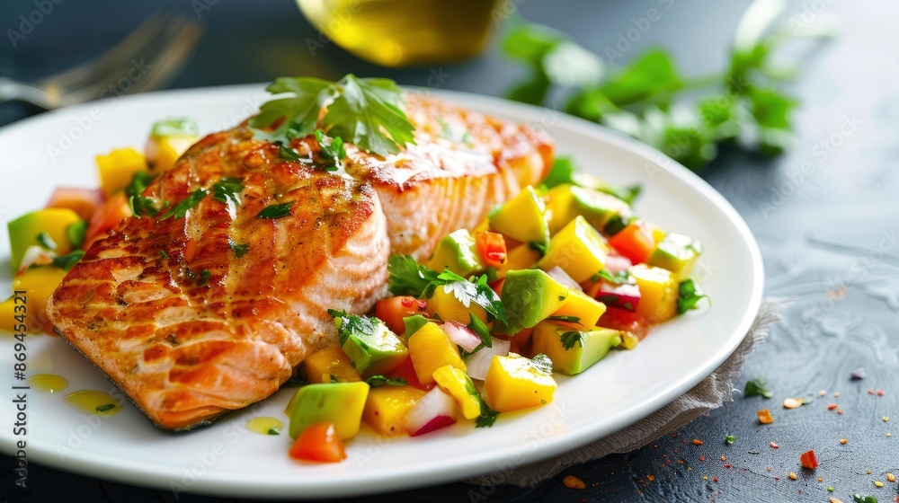 Spice-Grilled Salmon With Mango Avocado Salsa On A White Plate, Vibrant And Tangy Spice-Grilled Salmon With Mango Avocado Salsa On A White Plate, Vibrant And Tangy