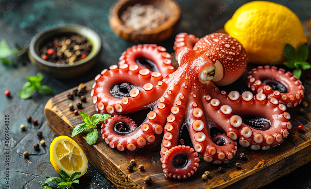 A large red octopus is on a wooden cutting board with a lemon and some pepper A large red octopus is on a wooden cutting board with a lemon and some pepper
