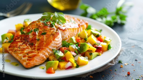 Spice-Grilled Salmon With Mango Avocado Salsa On A White Plate, Vibrant And Tangy
