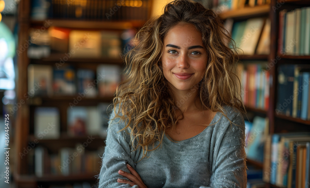 A woman with long brown hair is smiling at the camera in front of a bookshelf