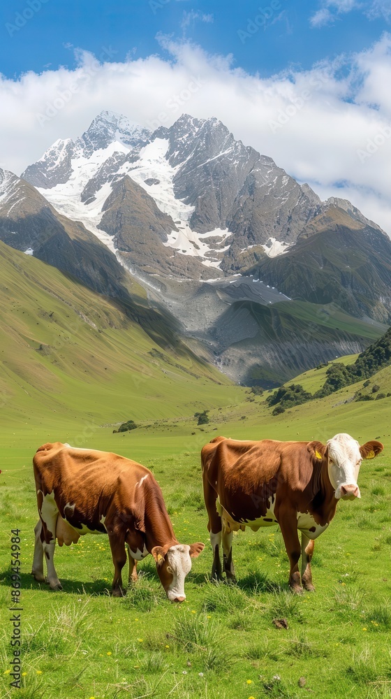 Beef cattle with a scenic mountain backdrop, Pastoral scene, Natural grazing Beef cattle with a scenic mountain backdrop, Pastoral scene, Natural grazing