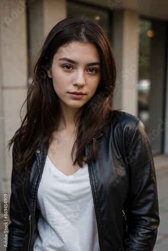 A Girl Waring T-shirt And Leather Jacket Close Up