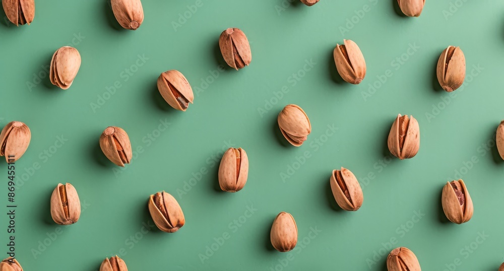 Fototapeta premium Shelled Pistachios Arranged in a Pattern on Green Background