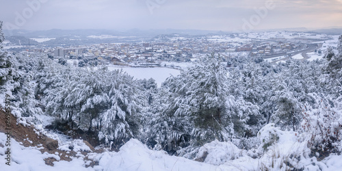 General view of the snowy town of Navàs in winter (Bages, Barcelona, Catalonia, Spain) photo