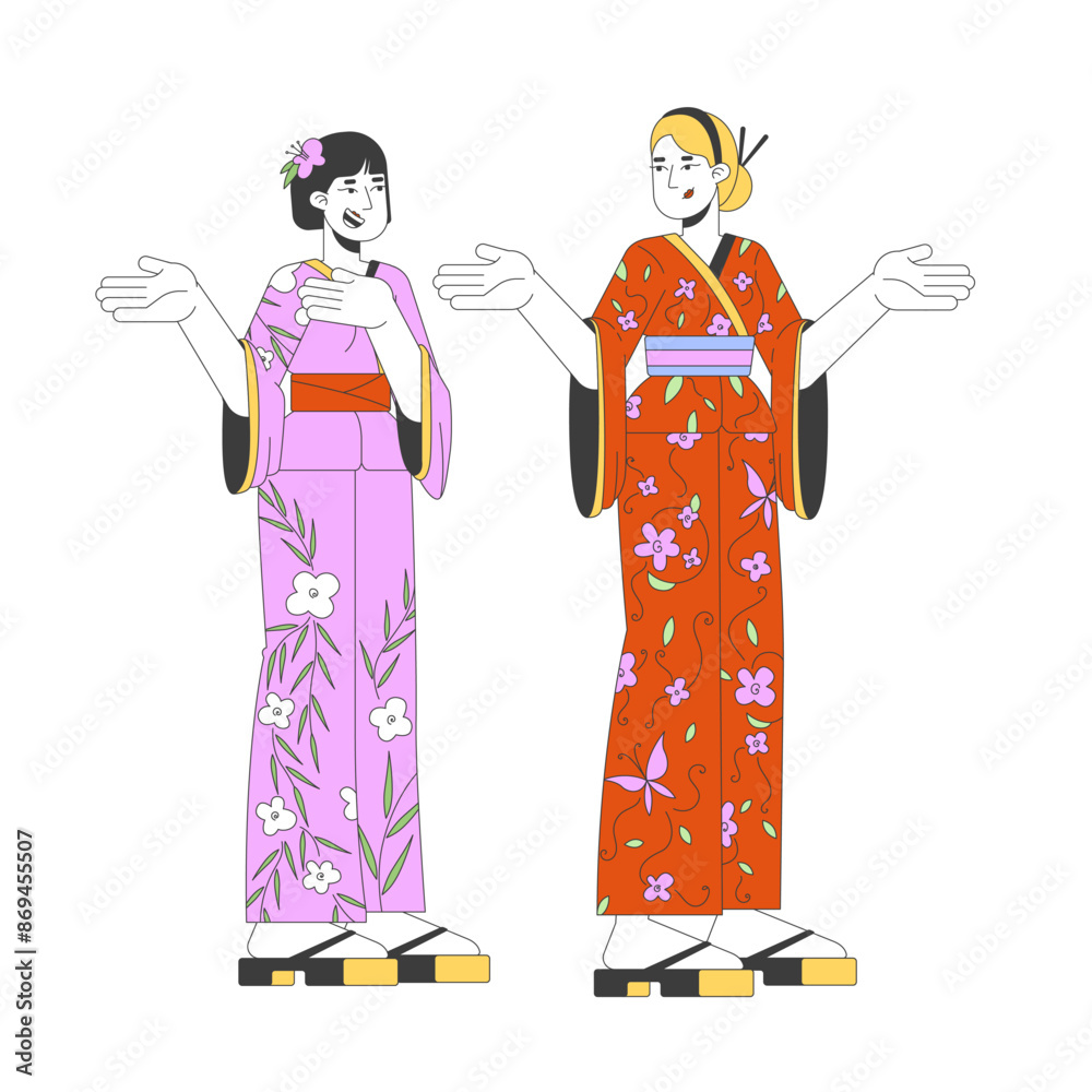 Diverse japan tourists wearing kimono 2D linear cartoon characters. Japanese and caucasian women isolated line vector people white background. Foreigner in yukata color flat spot illustration Diverse japan tourists wearing kimono 2D linear cartoon characters. Japanese and caucasian women isolated line vector people white background. Foreigner in yukata color flat spot illustration