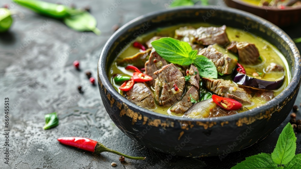 Spicy Boiled Sliced Beef Meat With Eggplant In Coconut Milk Green Curry Soup, A Thai Dish Spicy Boiled Sliced Beef Meat With Eggplant In Coconut Milk Green Curry Soup, A Thai Dish