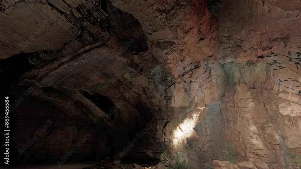 A cave with numerous rocks scattered throughout, filled with water flowing over the rocky floor. A cave with numerous rocks scattered throughout, filled with water flowing over the rocky floor.