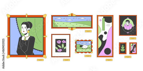 Famous paintings for art gallery 2D linear cartoon objects set. Exhibition artwork isolated line vector elements white background. Masterpiece picture frames color flat spot illustration collection